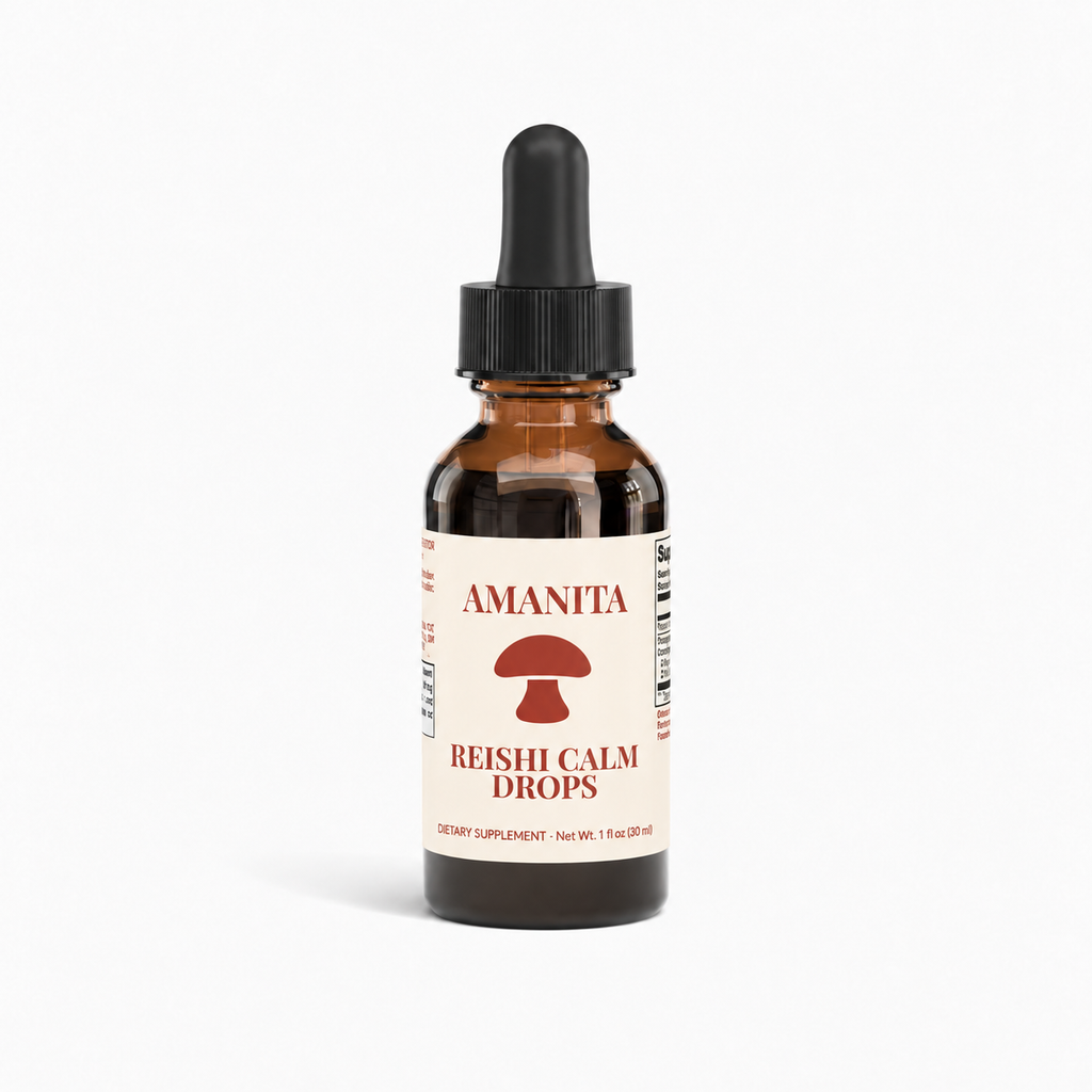 Amanita Reishi Drops — approved label colorway and original mushroom icon; supplier production verification pending