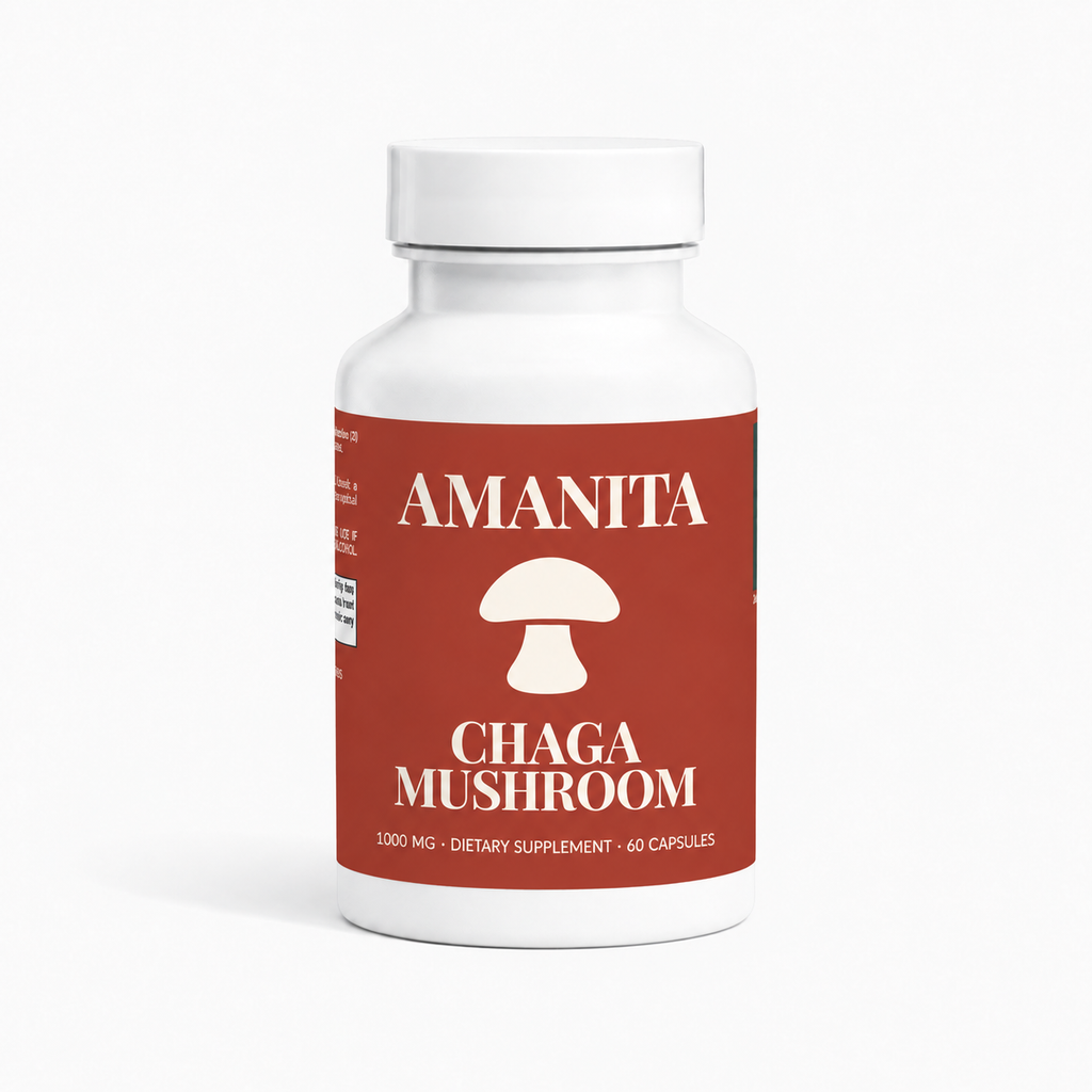 Amanita Chaga Capsules — approved label colorway and original mushroom icon; supplier production verification pending