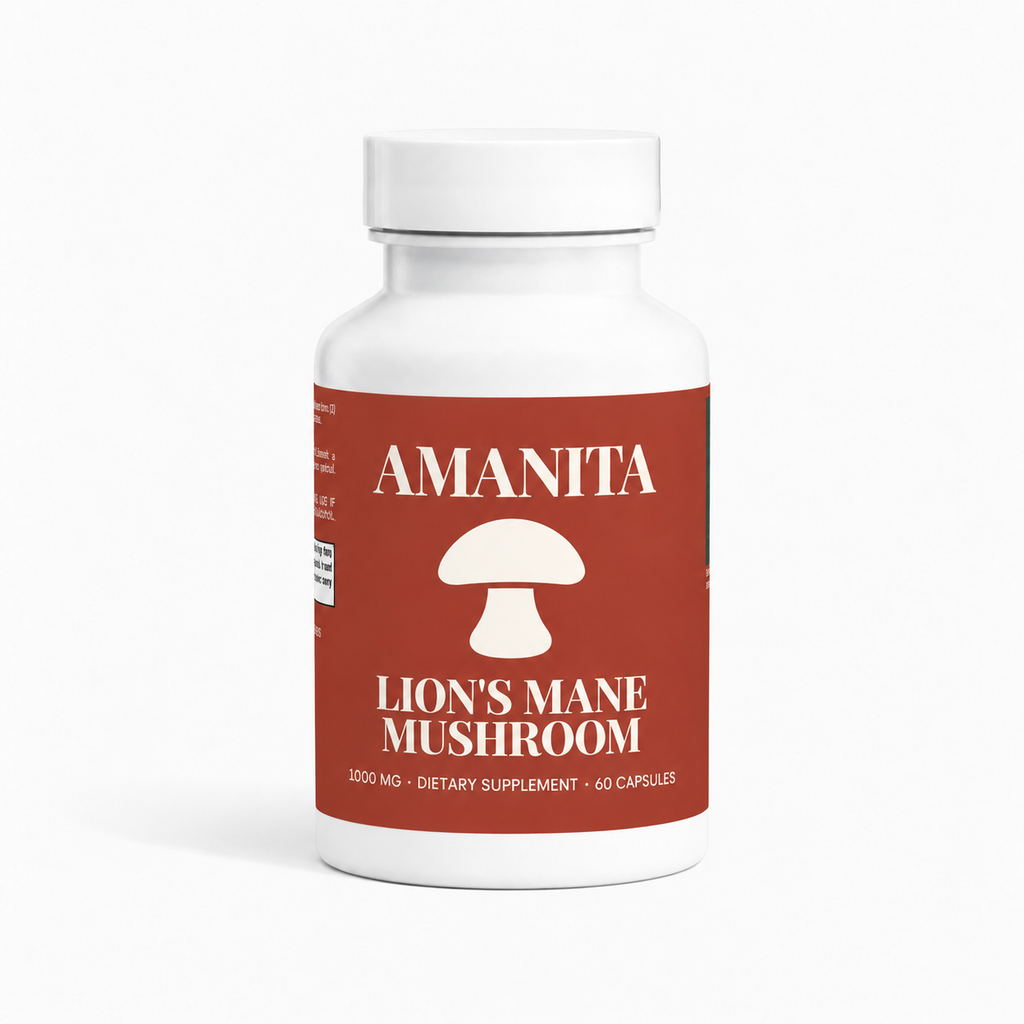 Amanita Lion's Mane Capsules — approved label colorway and original mushroom icon; supplier production verification pending