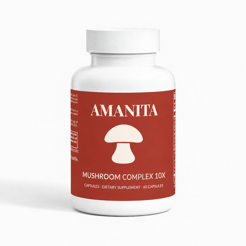 Amanita Mushroom Complex 10X — approved label colorway and original mushroom icon; supplier production verification pending