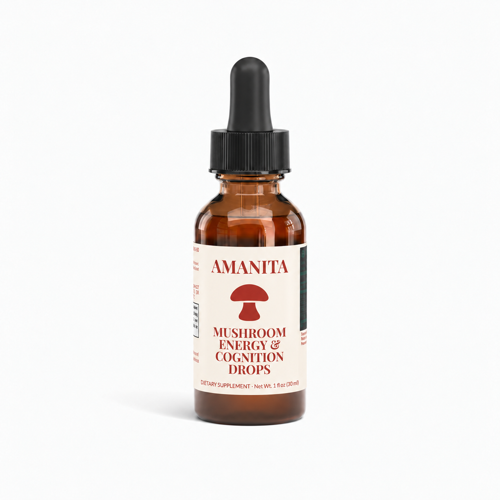 Amanita Mushroom Blend Drops — approved label colorway and original mushroom icon; supplier production verification pending