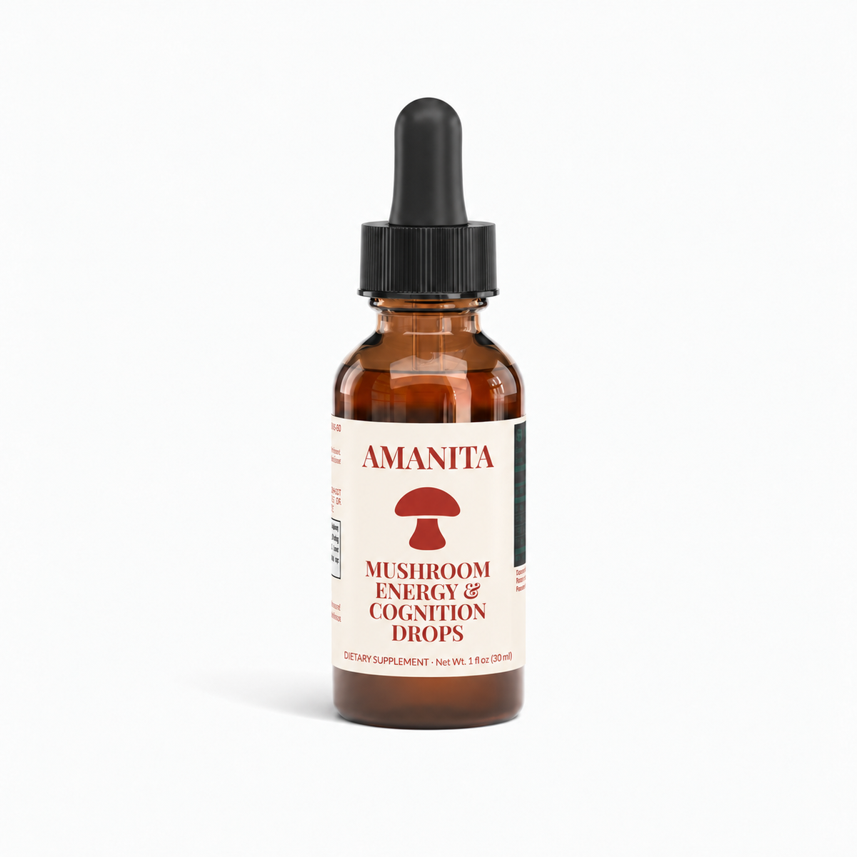 Amanita Mushroom Blend Drops — approved label colorway and original mushroom icon; supplier production verification pending