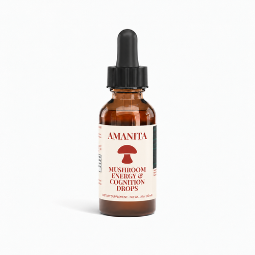Amanita Mushroom Blend Drops — approved label colorway and original mushroom icon; supplier production verification pending