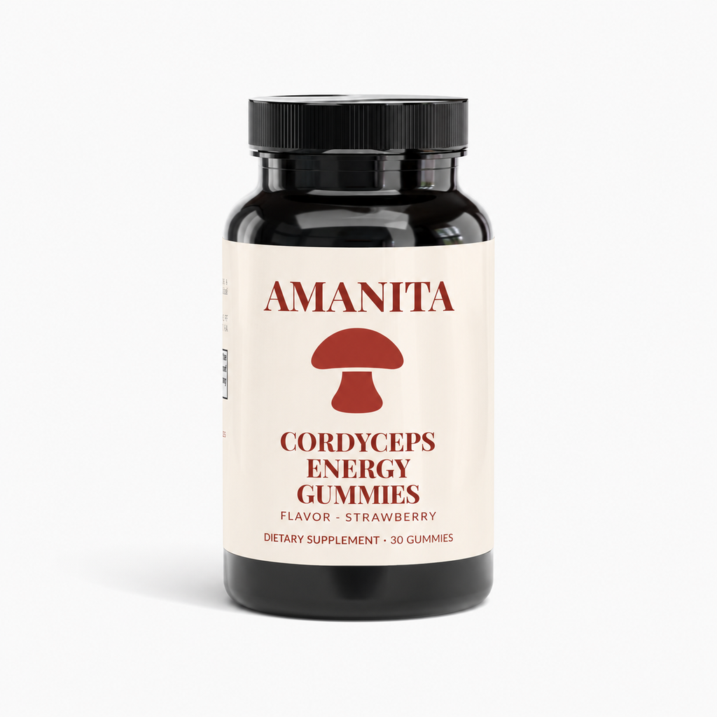 Amanita Cordyceps Gummies — approved packaging design; supplier production verification pending