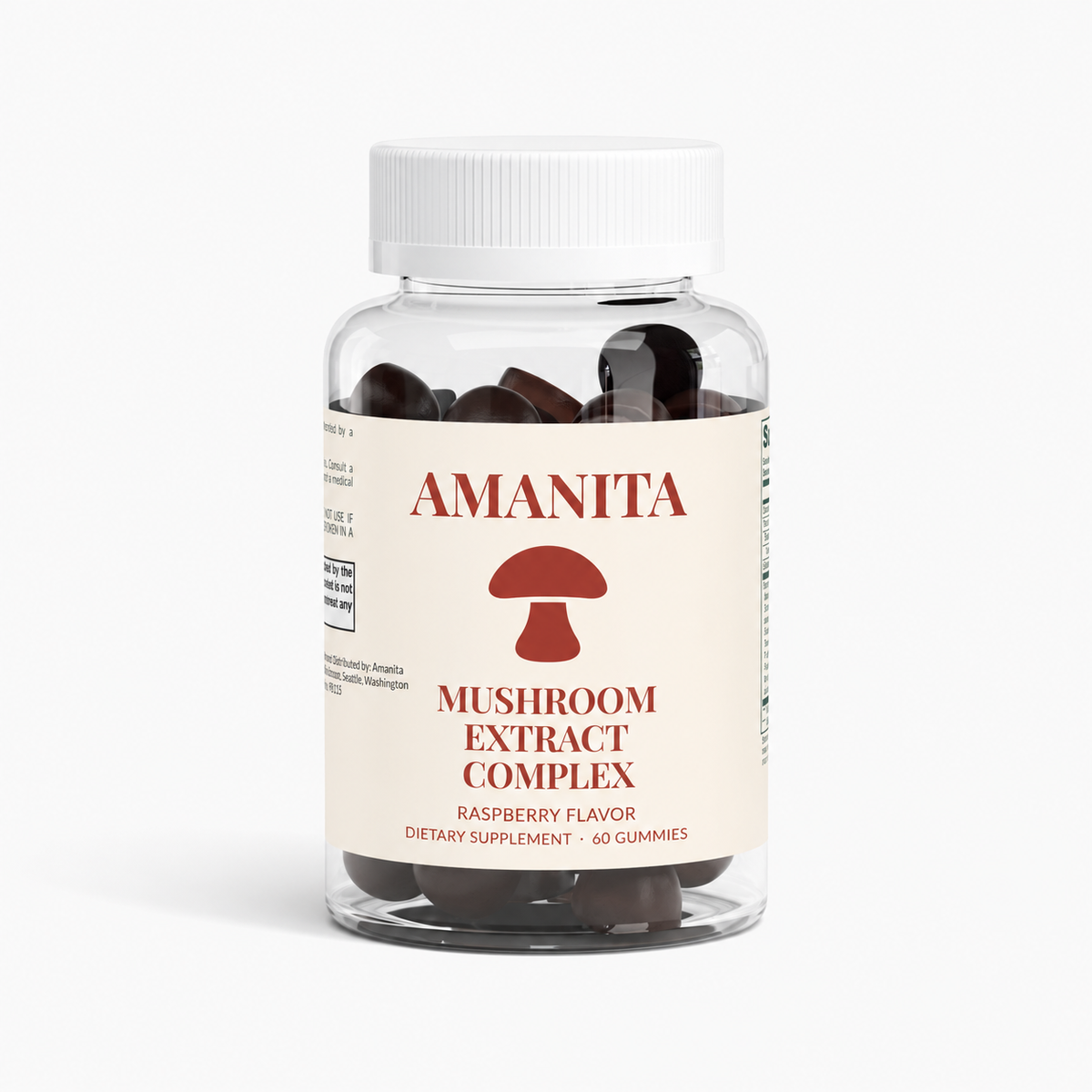 Amanita Mushroom Extract Gummies — approved packaging design; supplier production verification pending