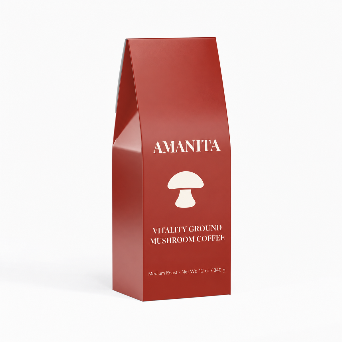 Amanita Vitality Ground Mushroom Coffee — approved packaging design; supplier production verification pending