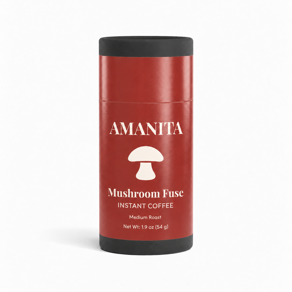 Amanita Mushroom Fuse Instant Coffee — approved packaging design; supplier production verification pending